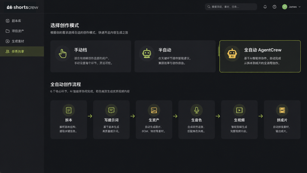 三档生产模式切换与全自动 AgentCrew 流水线